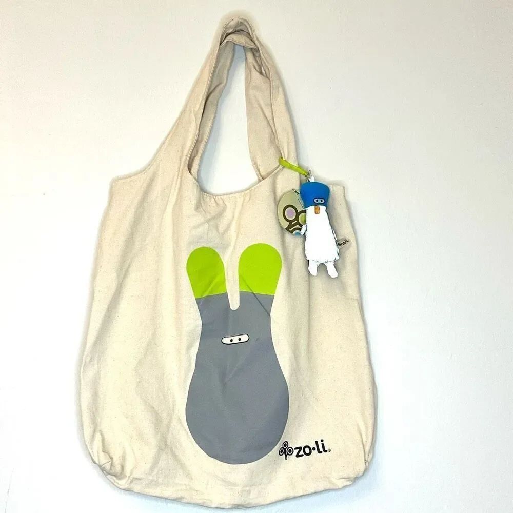 NWT Zoli Canvas Double Strap Reflective Key Chains Cream Reusable Tote Bag Large